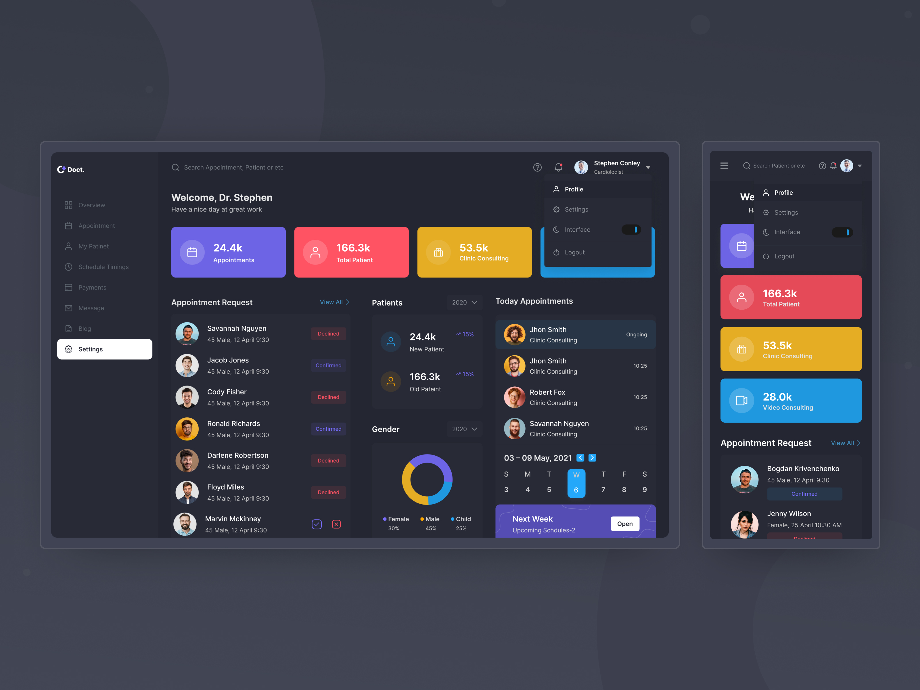 Profile Dropdown Menu Dark Mode - Doct