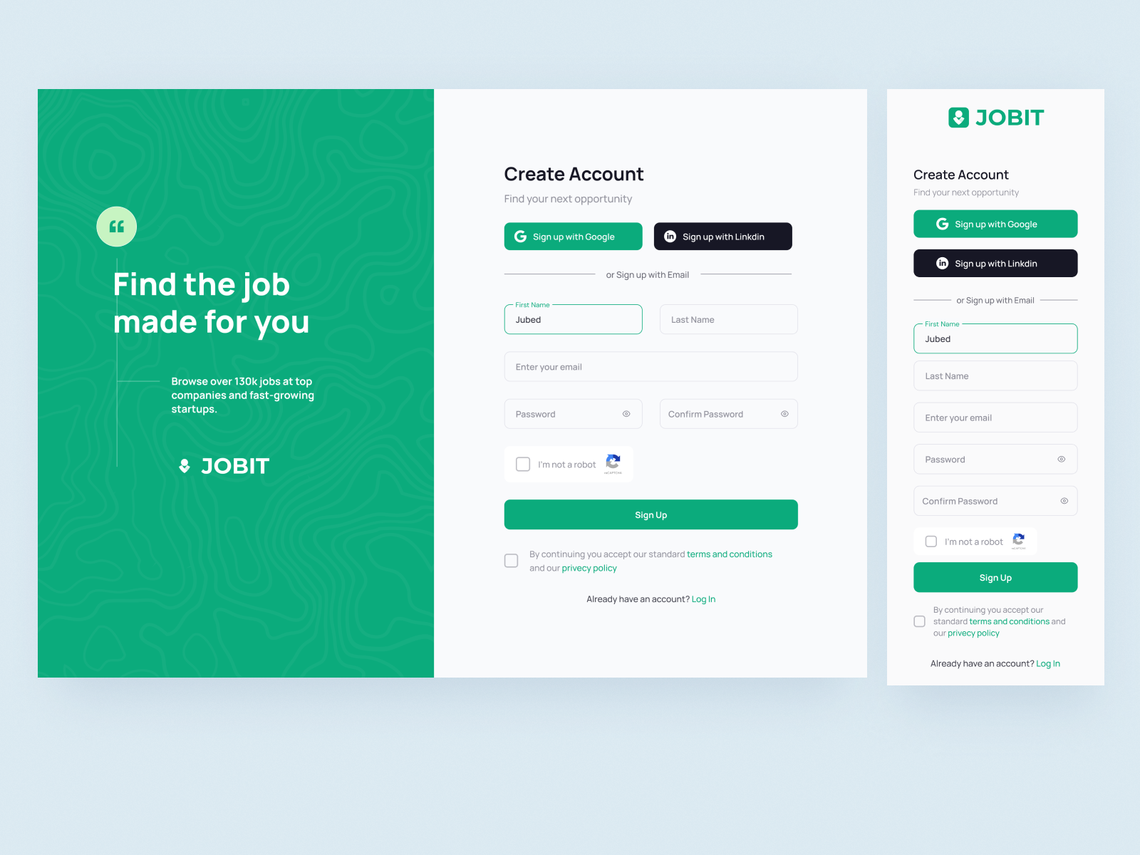 Sign Up Page Job Search UI