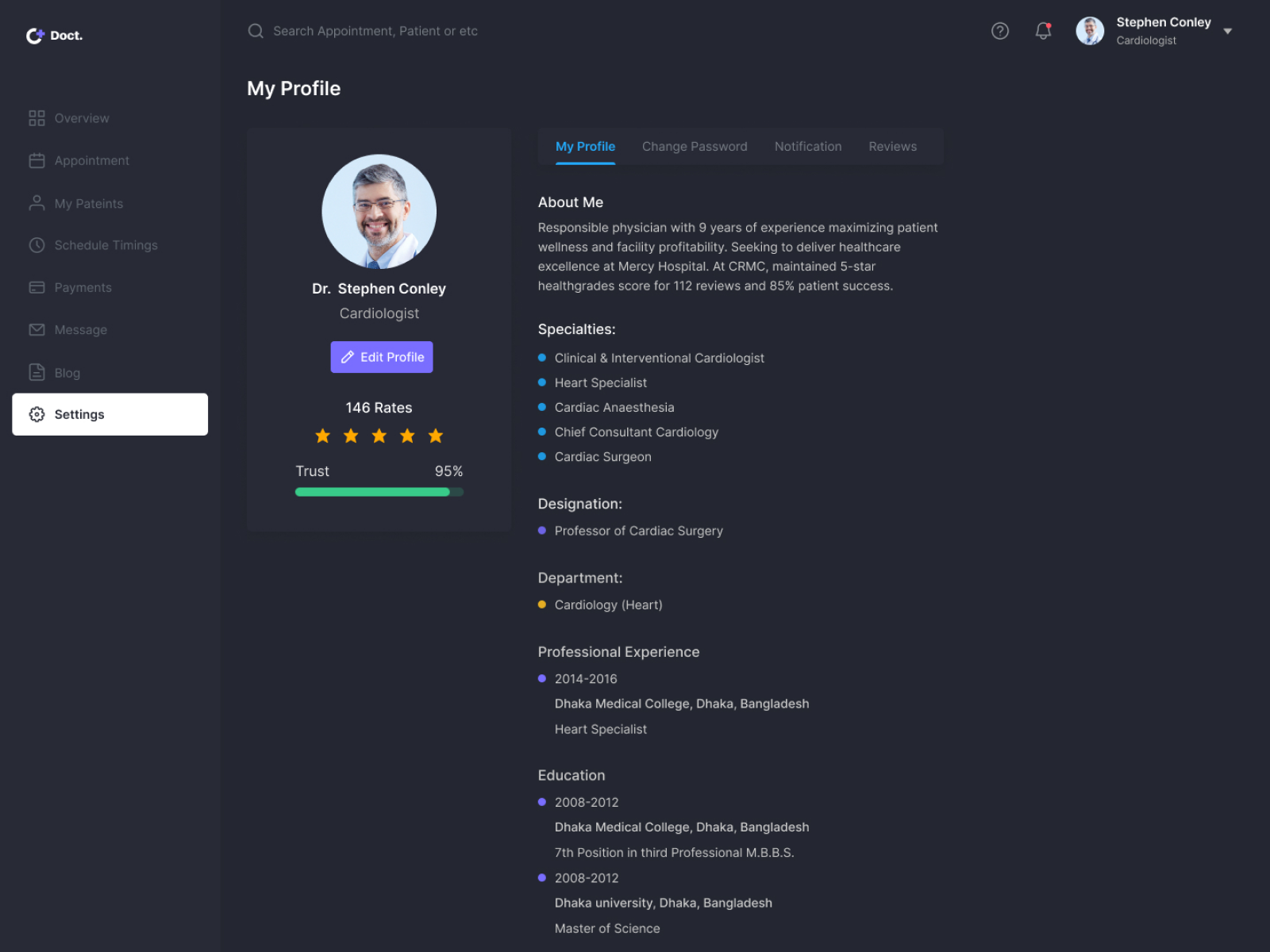 User Profile Page Design Dark Mode