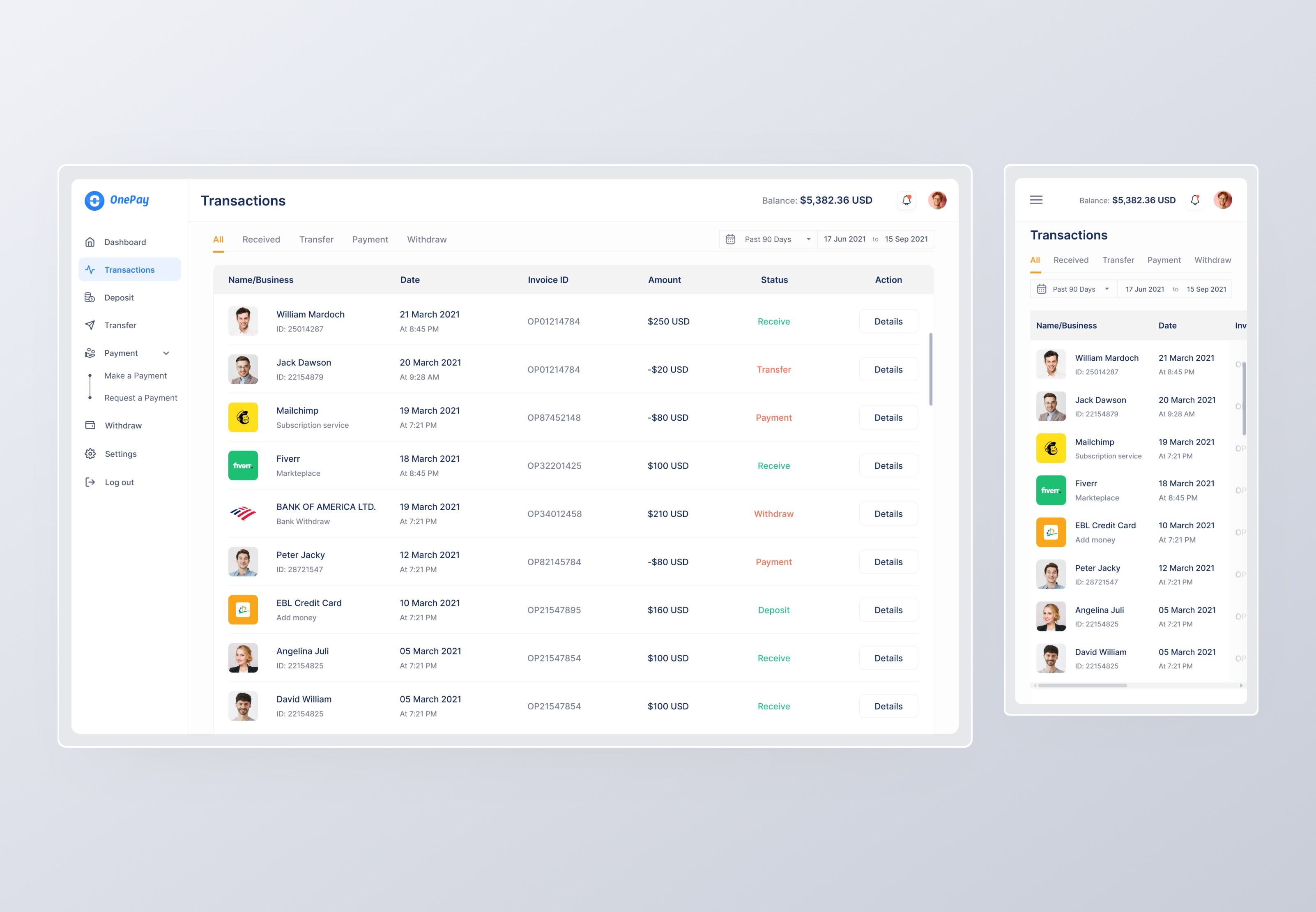 Transaction History Web App Screen Design