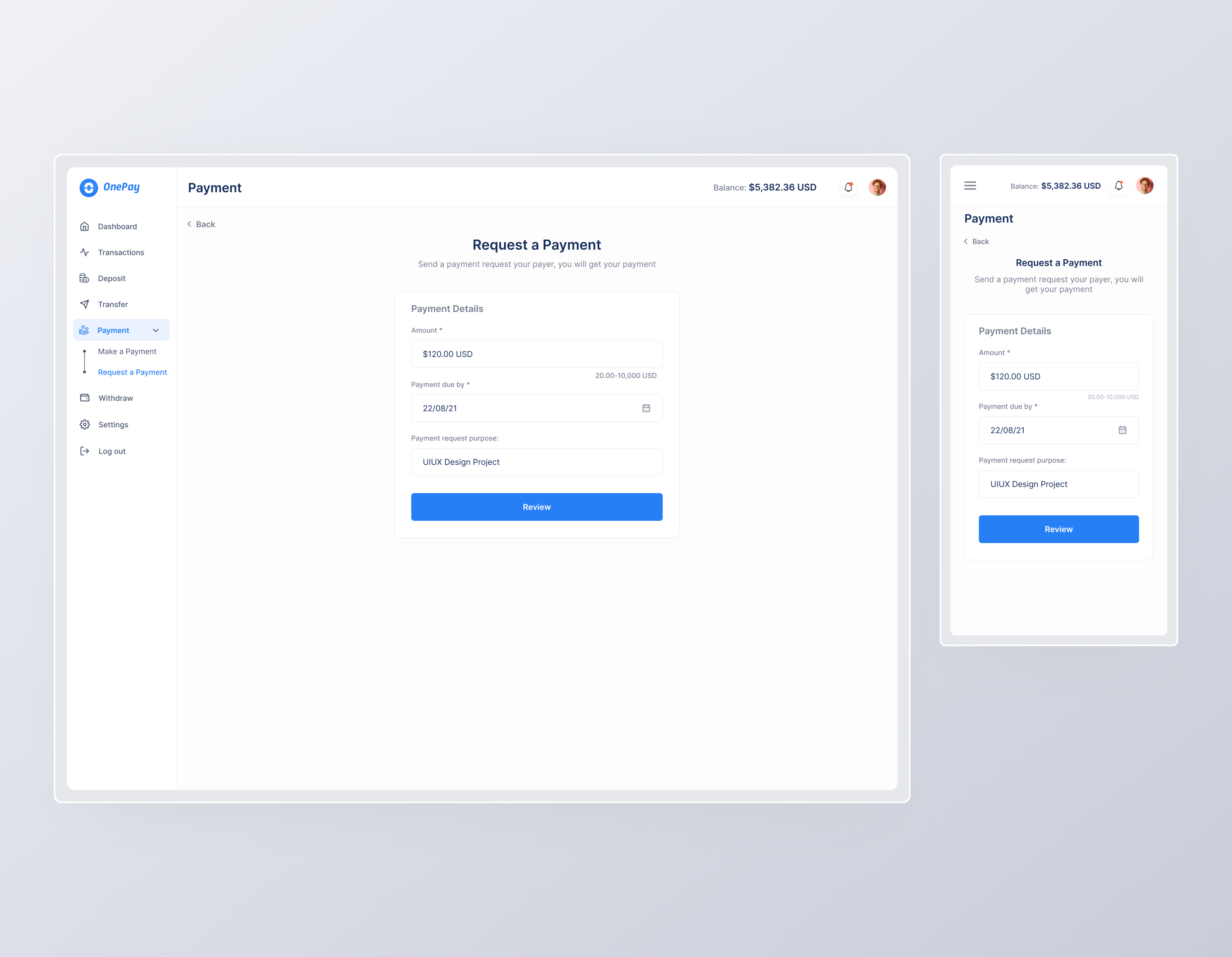 Payment Request Form Web App Screen