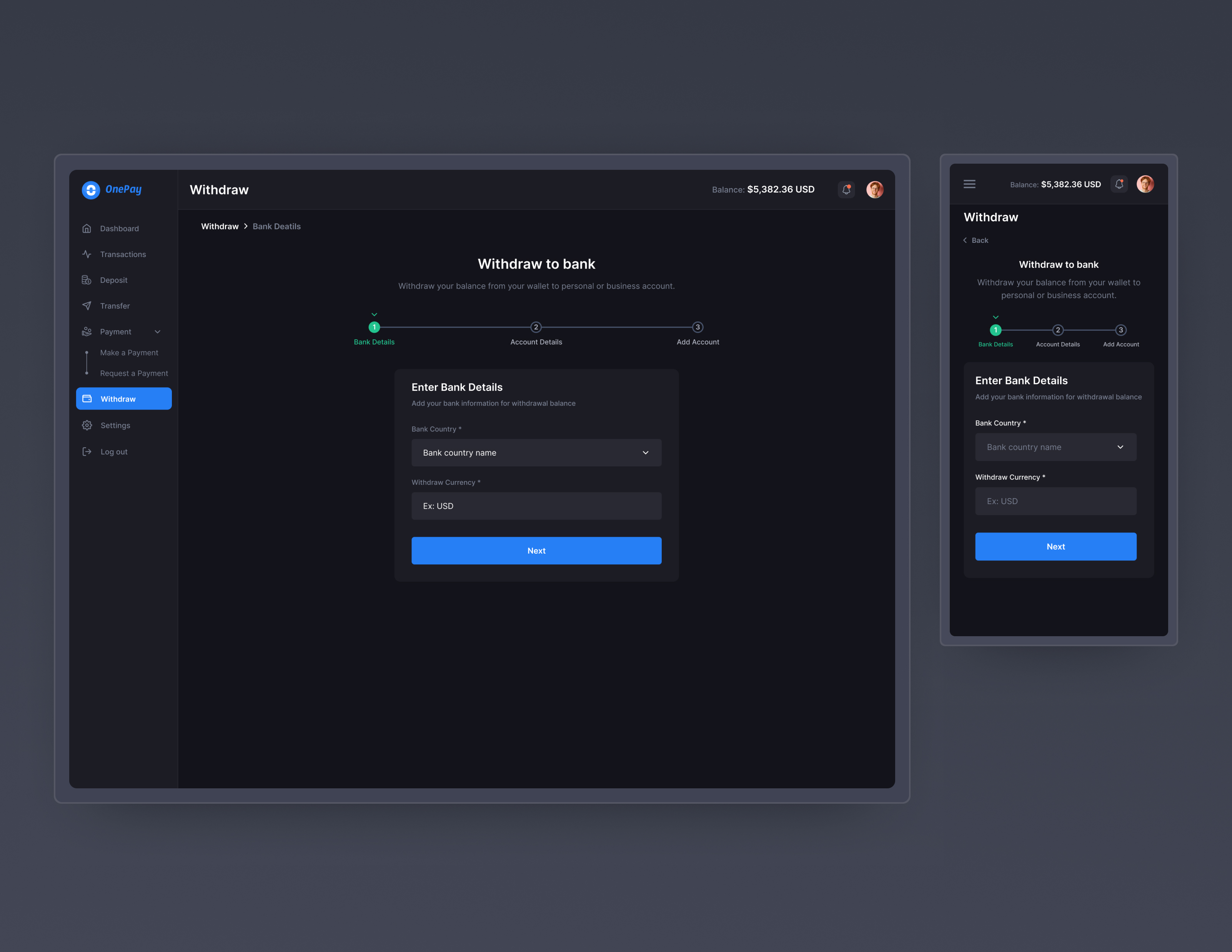 Withdraw- Bank Details Web App Screen
