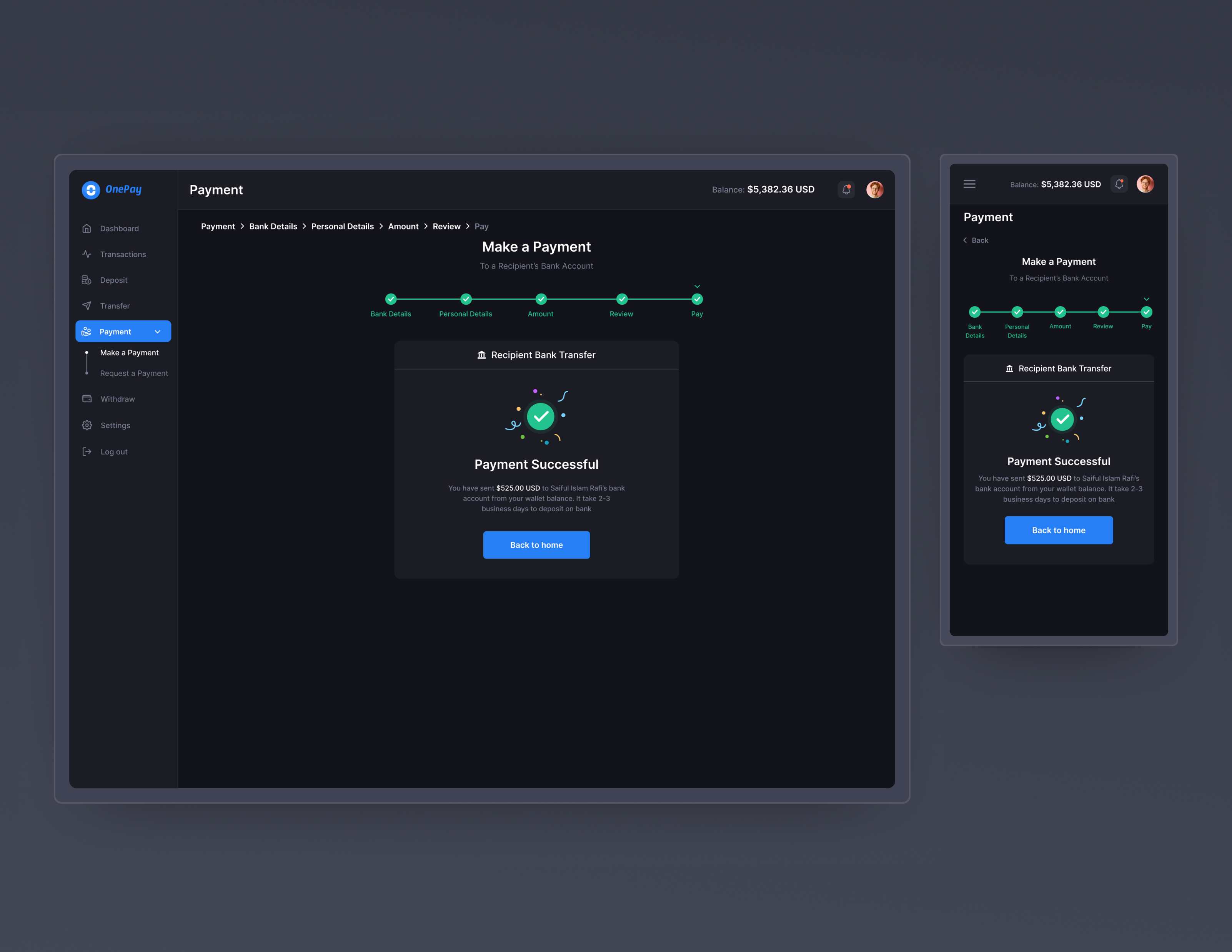 Payment Successful Page Web App Screen Design