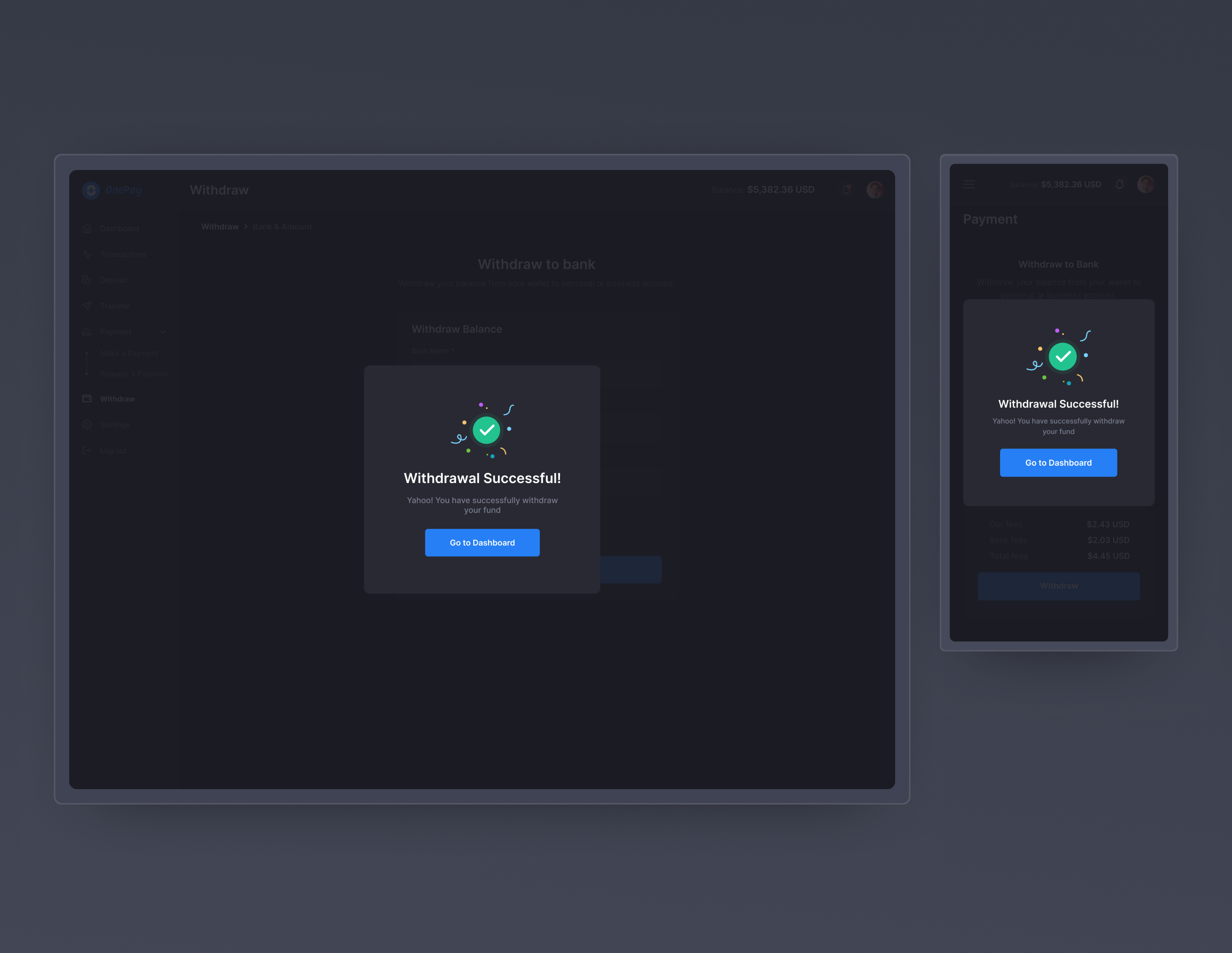 Withdrawal Successful Web App Screen
