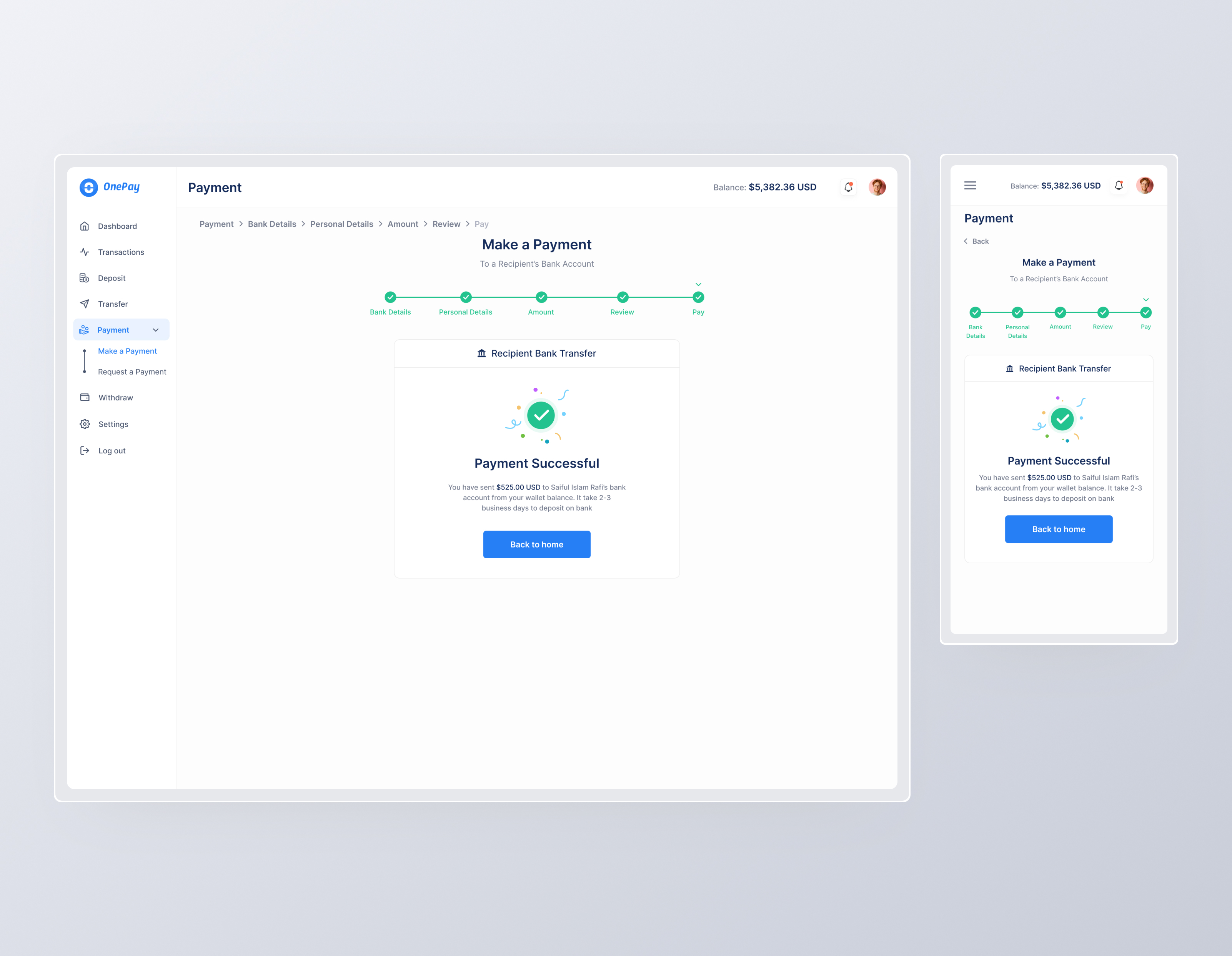 Payment Successful Page Web App Screen