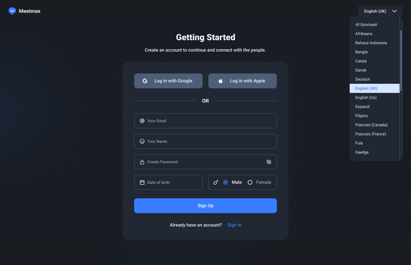 Meetmax Choose Language Web App Screen